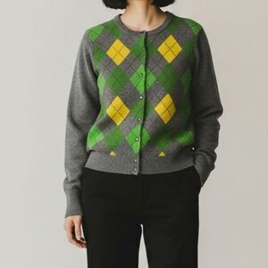 Vintage Y2K J Crew Argyle Cashmere Wool Cardigan Women Medium Preppy Academia